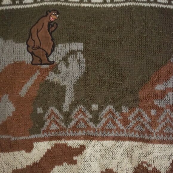 VTG Olive Green Bear Wildlife Fair Isle Graphic Outdoor Knit Crewneck Sweater XL - Picture 6 of 12